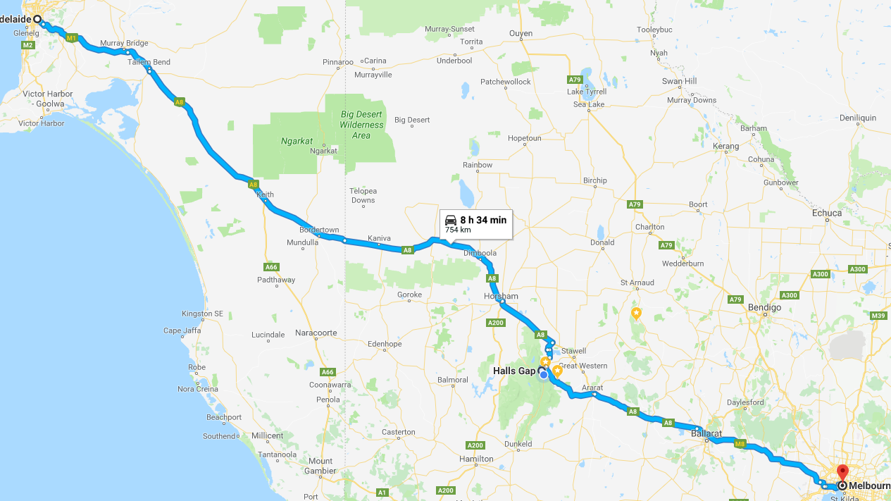 Map of Adelaide - Halls Gap - Melbourne